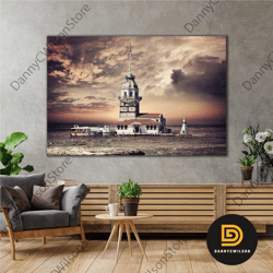 bosphorus maiden's tower closed cloudy weather roll up canvas, stretched canvas art, framed wall art painting