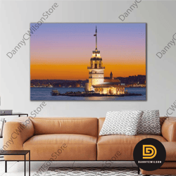 bosphorus maiden's tower night light view roll up canvas, stretched canvas art, framed wall art painting