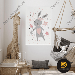 pink crowned rabbit wall art, baby room decor, kids room wall decor, roll up canvas, stretched canvas art, framed wall a