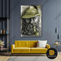 pipe smoking bearded man sculpture metal relief gold roll up canvas, stretched canvas art, framed wall art painting