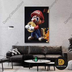 pop art super mario, modern wall art decor, gold coin wall art, roll up canvas, stretched canvas art, framed wall art pa