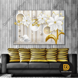porcelain swan gold branched pearl flower modern decoration roll up canvas, stretched canvas art, framed wall art painti