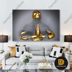 praying metal man with gold detail roll up canvas, stretched canvas art, framed wall art painting-1