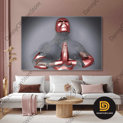 praying metal man with rose gold detail roll up canvas, stretched canvas art, framed wall art painting-1