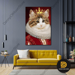 princess cat wall art, gold crowned wall art, cute animal wall decor, roll up canvas, stretched canvas art, framed wall