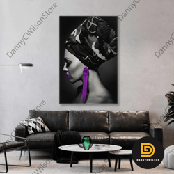 purple earing wall art, woman canvas art, ethnic wall decor, roll up canvas, stretched canvas art, framed wall art paint