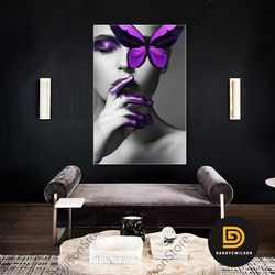 purple makeup wall art, butterfly canvas art, modern wall decor, roll up canvas, stretched canvas art, framed wall art p