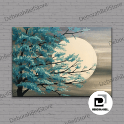 tree and moon wall art, moon poster, green tree landscape canvas art, blue tree and full moon rolled canvas print, multi
