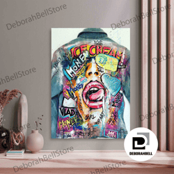 woman graffiti art, canvas wall art, framed wall art, jeans jacket ice cream, canvas, ice cream canvas gift, jacket ice