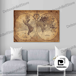 world map print, map canvas, vintage world map art canvas, old world map artwork, vintage wall art, vintage map wall dec