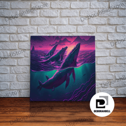 framed canvas ready to hang, 3 blue whales breaching at sunset, vaporwave synthwave ocean art, framed canvas print