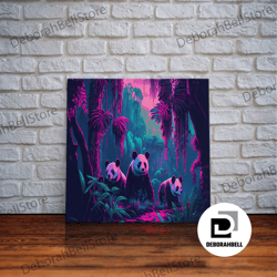 framed canvas ready to hang, 3 cute pandas in the jungle, watercolor art, framed canvas print, framed wall art, synthwav