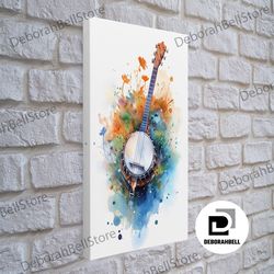 framed canvas ready to hang, 4 string banjo gift, banjo wall art canvas print, country music art, guitar art, banjo post