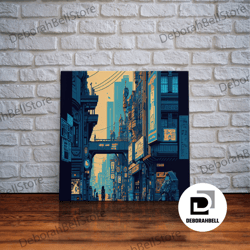 framed canvas ready to hang, 8 bit pixel art cyber punk city, video game concept art, framed canvas print, game room art