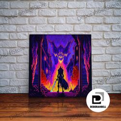 framed canvas ready to hang, 8 bit pixel art, rpg video game concept art, paladin faces the dragon, synthwave style, fra