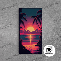 framed canvas ready to hang, 8 bit pixel art sunset, synthwave style palm tree beach, framed canvas print, framed wall a