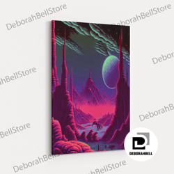 framed canvas ready to hang, 16 bit scifi video game concept art, alien world, synthwave, framed canvas print, wall art