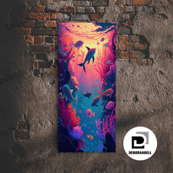 framed canvas ready to hang, 80s vibe under the sea coral reef art, framed canvas print, fish and reef art