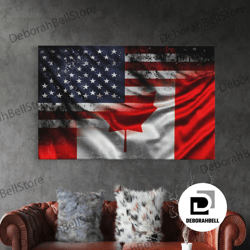 framed canvas ready to hang, american and canadian flag mashup, canada flag, framed canvas print, american flag art patr