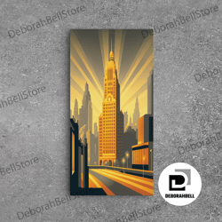framed canvas ready to hang, art deco architecture, framed canvas print, 1930s style art deco city skyline