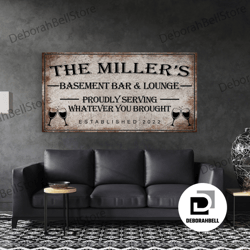 framed canvas ready to hang, basement bar and lounge sign proudly serving whatever you brought sign basement bar decor e