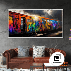 framed canvas ready to hang, box car graffiti art, wall decor, train box car, ready to hang canvas print wall art, rainb