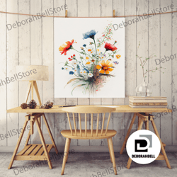 framed canvas ready to hang, colorful wild flowers, wildflower art, floral decor, fine art poster print