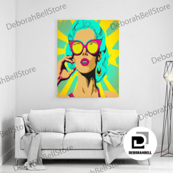 framed canvas ready to hang, comic book wall art, framed canvas print, woman with 50s style retro sunglasses pop art, tu