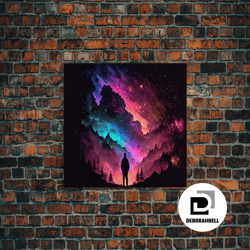 framed canvas ready to hang, contemplating the universe, retro style space art, framed canvas print, synthwave space dec