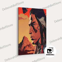 framed canvas ready to hang, cool native american brave portrait, wild west art, western decor, framed canvas print, fra