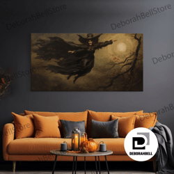 framed canvas ready to hang, cool witch art, the flying witch, framed canvas print, halloween wall art, horror prints, h