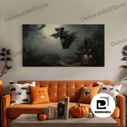 framed canvas ready to hang, cool witch art, the flying witch, framed canvas print, halloween wall art, horror prints, h