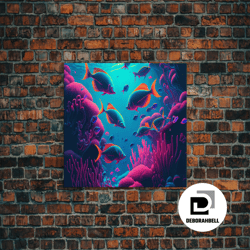 framed canvas ready to hang, coral reef art, synthwave aesthetic ocean art, school of fish, framed canvas art, framed wa