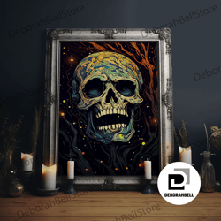 framed canvas ready to hang, cosmic horror, unique halloween gift idea, framed canvas, skull painting, pop art style dec