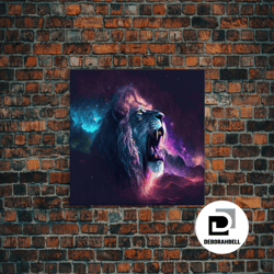 framed canvas ready to hang, cosmic roar, lion roaring at the stars, synthwave galaxy and lion art, framed canvas print,