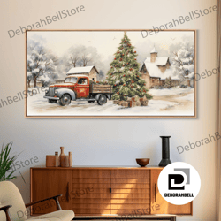 framed canvas ready to hang, farmhouse christmas decor, framed canvas print, vintage red truck getting the christmas tre