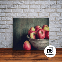 framed canvas ready to hang, farmhouse kitchen art, framed canvas print, still life of apples in a rustic bowl, photogra