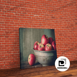 framed canvas ready to hang, farmhouse kitchen art, framed canvas print, still life of apples in a rustic bowl, photogra