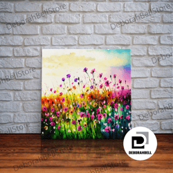 framed canvas ready to hang, field of rainbow colored wild flowers, watercolor, framed canvas print, original art, large