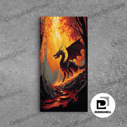 framed canvas ready to hang, fiery dragon burning down forest canvas print - mystical fantasy wall art home decor artwor