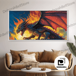 framed canvas ready to hang, fire breathing horned dragon, framed canvas print, colorful fantasy wall art, videogame con
