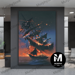 burning pirate ship canvas art, pirate painting, sailing ship canvas print, decor, battleship canvas, boating ship art,