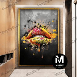 giraffiti yellow lip canvas, banksy graffiti lip canvas wall art, graffiti canvas print, pop art lip wall decor, love wa