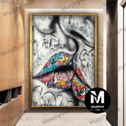 kissing couple canvas painting, graffiti lips canvas wall art, lips wall decor, graffiti wall art,street art print, pop