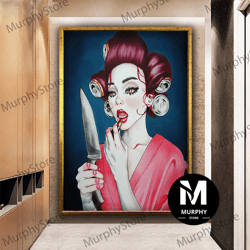 knife mirror canvas print, woman with makeup canvas wall art, gothic woman with knife in hand canvas painting, modern wa