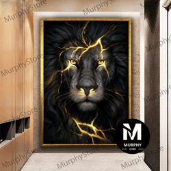 lightning effect lion canvas art, black lion canvas art, golden lightning pattern lion art, lion poster, animal canvas p