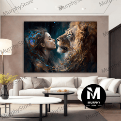 lion and girl canvas painting, love of woman and lion canvas, lion painting, lion couple canvas print art, woman wall ar