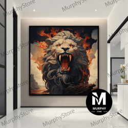 lion canvas art, fire lion wall art, fire lion poster, roaring lion canvas print, animal office art, animal decor for gi