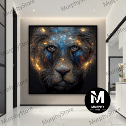 lion canvas painting, blue lion wall art, bright lion poster, background lion canvas pprint, animal office art