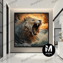 lion canvas painting, roaring lion wall art, roaring lion poster, lion canvas print, animal office art, animal wall deco